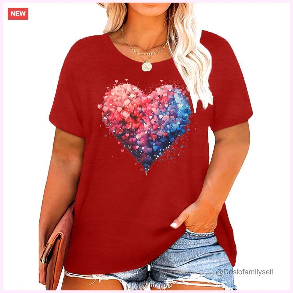 Plus Size Heart Print Short Sleeve Tee Casual Blouse Valentine's Day Tops
